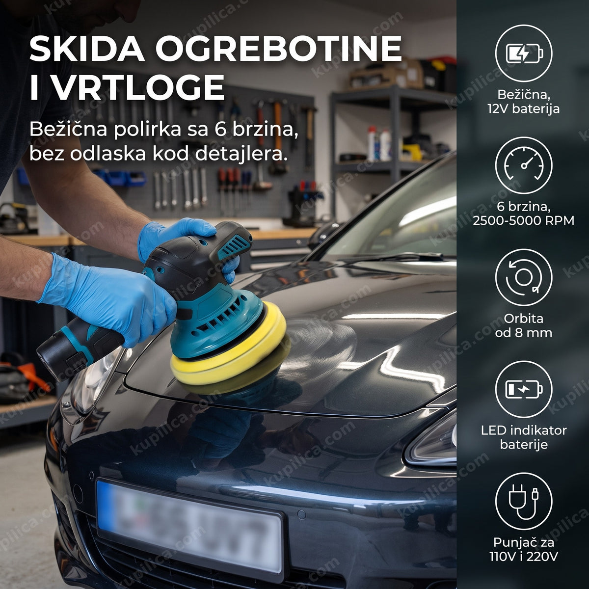 Bežična aku polirka za auto na haubi tamnog vozila u garaži