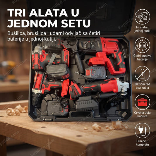 aku set alata 4u1 sa bušilicom, brusilicom i baterijama u koferu, benefiti proizvoda