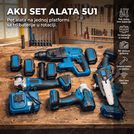 Aku set alata 5u1 sa tri baterije i priborom na radnom stolu, benefiti proizvoda