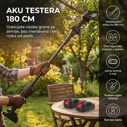 aku testera - orezivanje visoke grane teleskopskom testerom u dvorištu, benefiti proizvoda