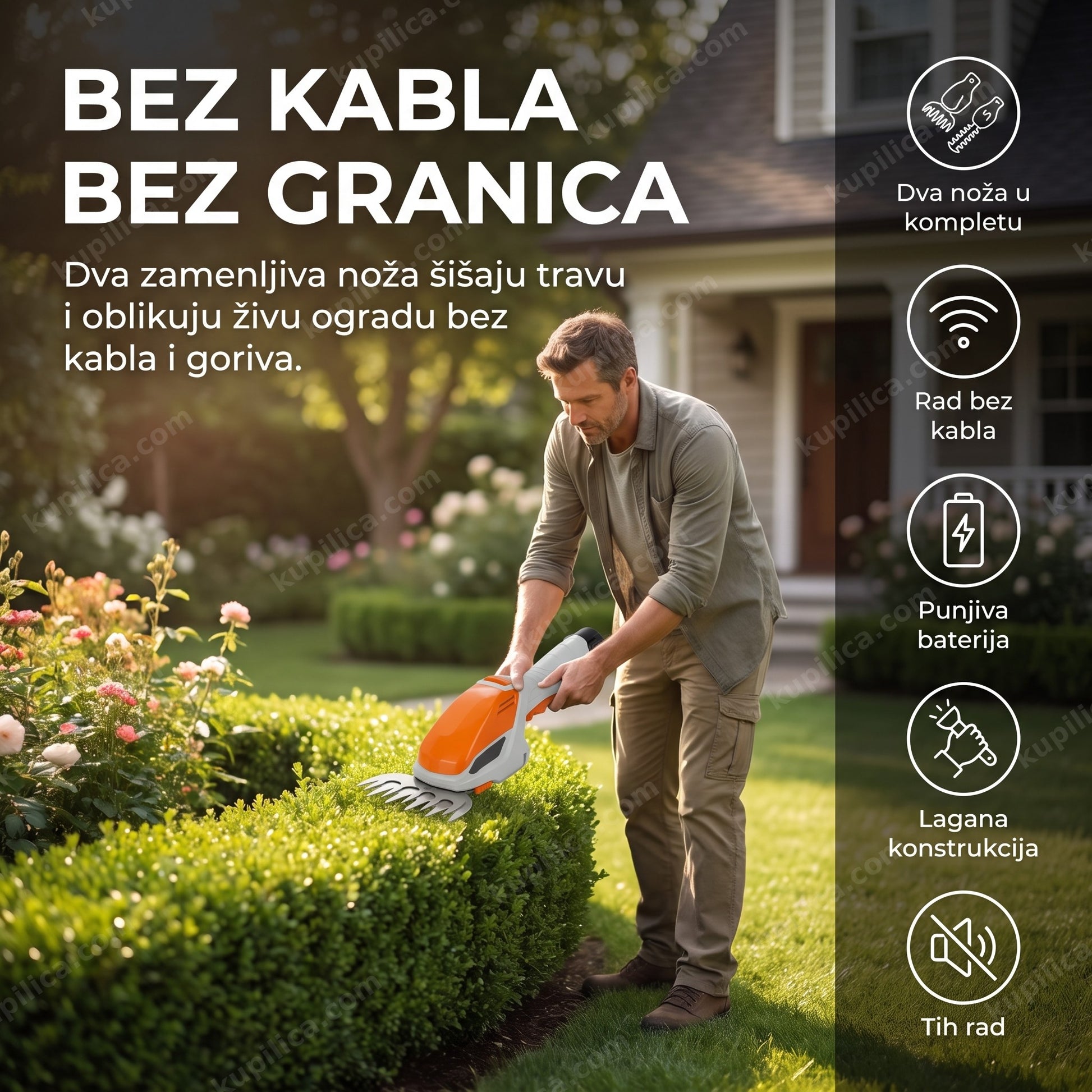 aku trimer za travu i živu ogradu — muškarac šiša ivicu travnjaka bežičnim trimerom u dvorištu, benefiti proizvoda