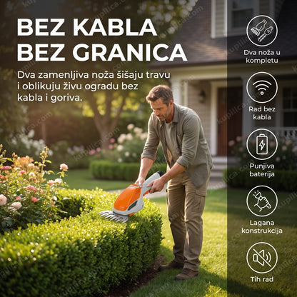 aku trimer za travu i živu ogradu — muškarac šiša ivicu travnjaka bežičnim trimerom u dvorištu, benefiti proizvoda
