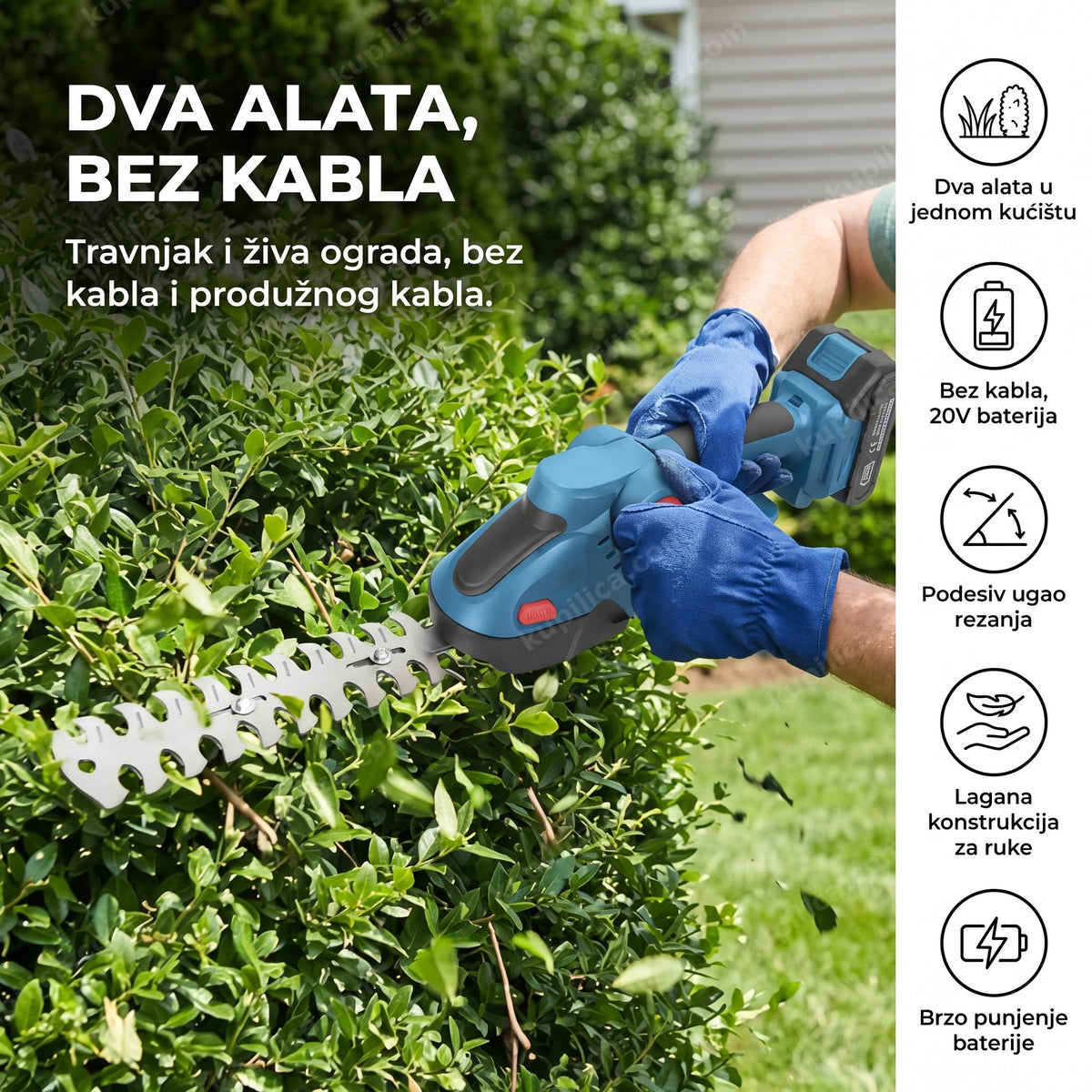 aku trimer za travu i živu ogradu u upotrebi na živici, prikaz benefiti proizvoda