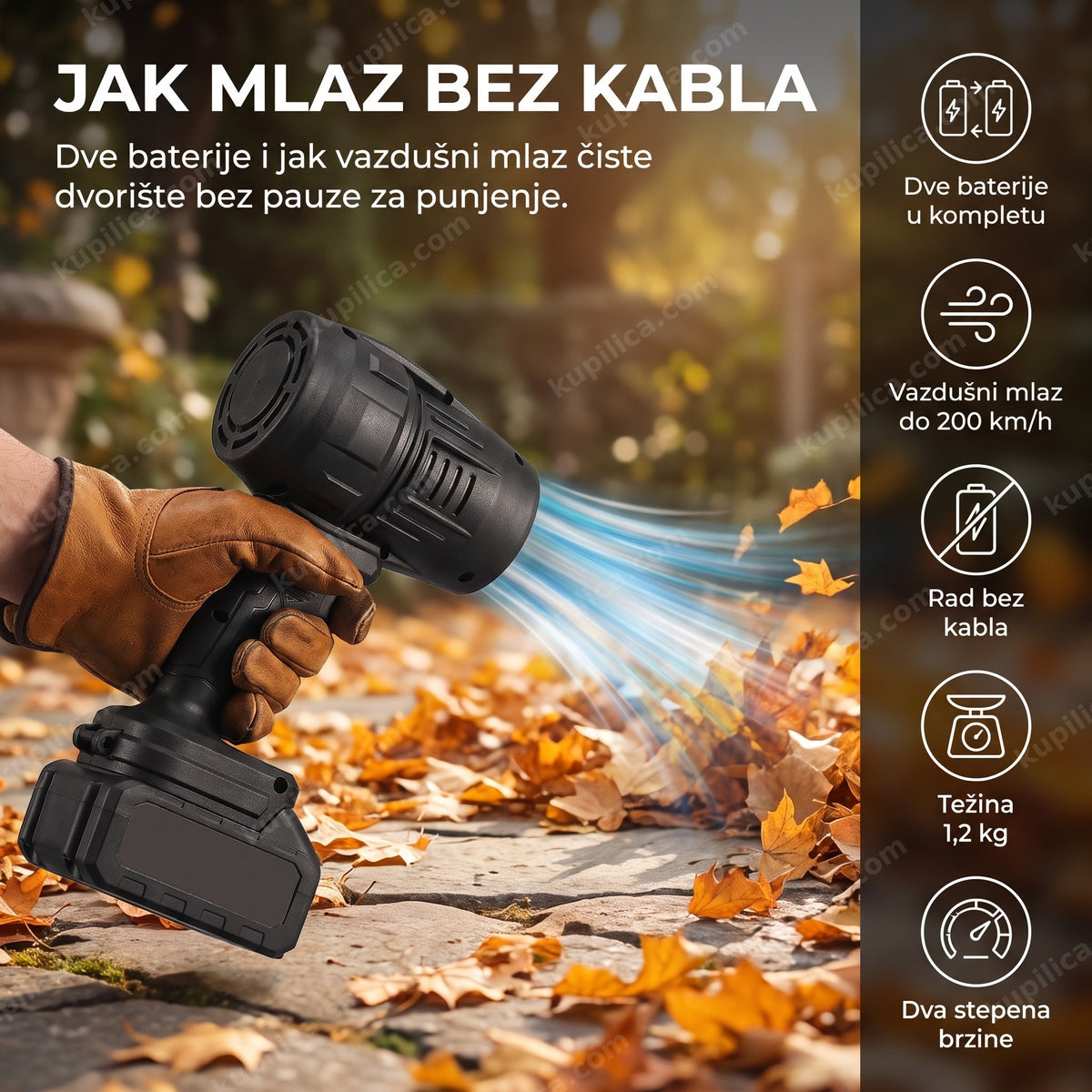 Aku turbo fen 2000W duva suvo lišće u dvorištu, prikaz benefita proizvoda