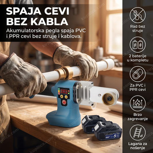 akumulatorska pegla za pvc i ppr cevi, majstor u rukavicama spaja cevi, benefiti proizvoda