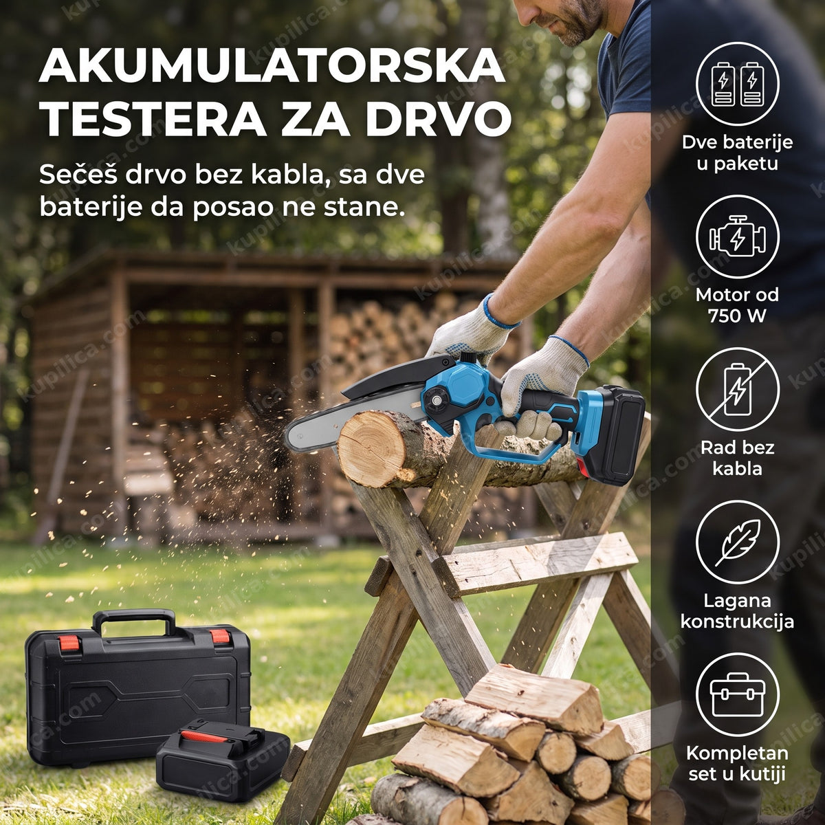 Muškarac seče ogrevno drvo plavom akumulatorskom testerom u dvorištu, benefiti proizvoda