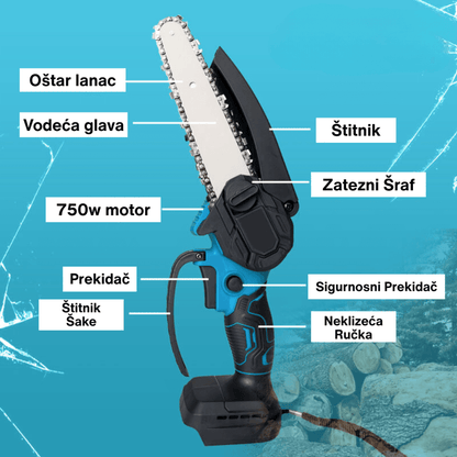 označeni delovi testere — lanac, motor od 750w i sigurnosni prekidač