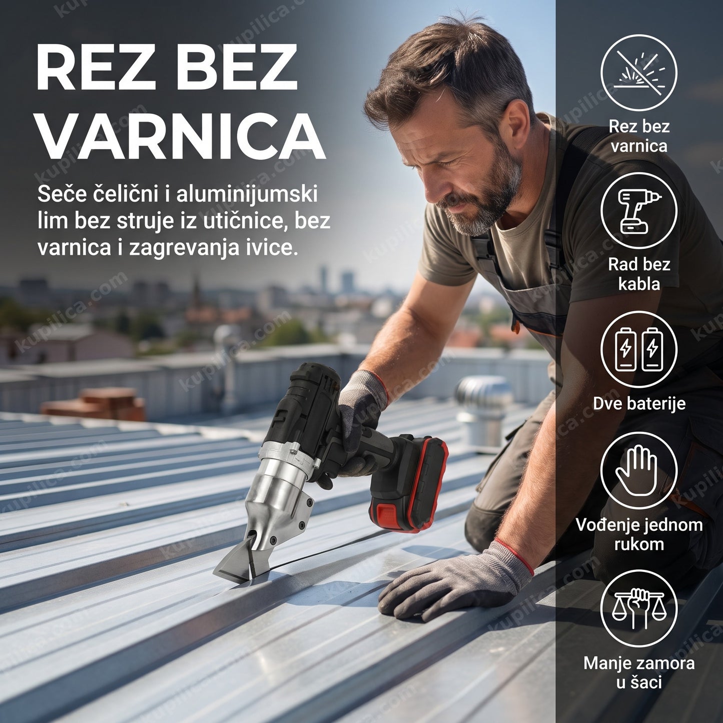 akumulatorske makaze za lim — muškarac seče lim na krovu bez kabla, rez bez varnica i talasanja ivice