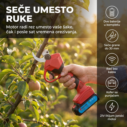 akumulatorske makaze za orezivanje voća u upotrebi na grani, benefiti proizvoda
