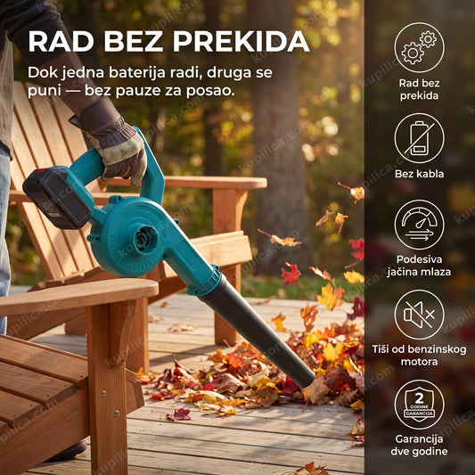 Akumulatorski duvač čisti lišće sa terase, prikaz benefita proizvoda