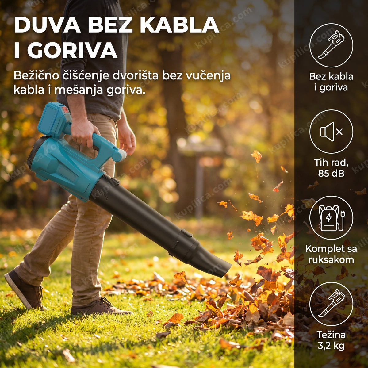 akumulatorski duvač lišća u rukama u jesenjem dvorištu sa lišćem u vazduhu, benefiti proizvoda