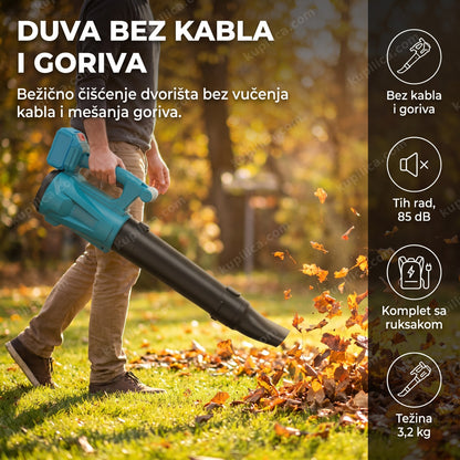 akumulatorski duvač lišća u rukama u jesenjem dvorištu sa lišćem u vazduhu, benefiti proizvoda