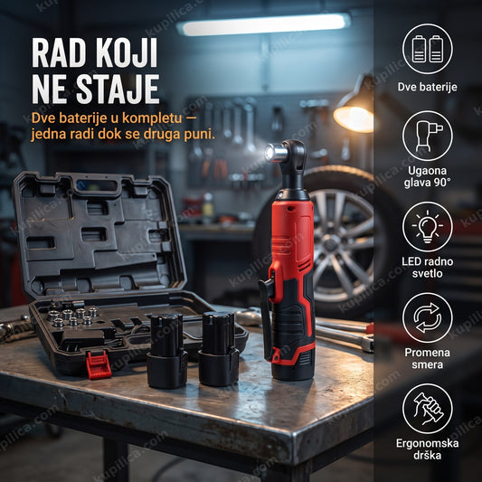 Crveni akumulatorski ključ sa čegrtaljkom i dve baterije na radnom stolu