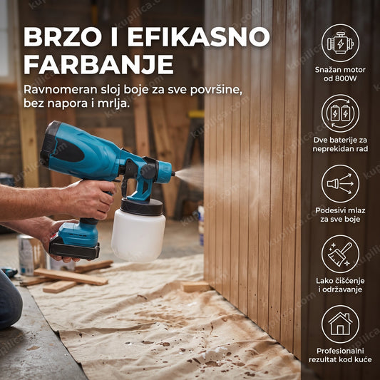 akumulatorski pištolj za farbanje u upotrebi na drvenoj površini, prikaz benefita proizvoda
