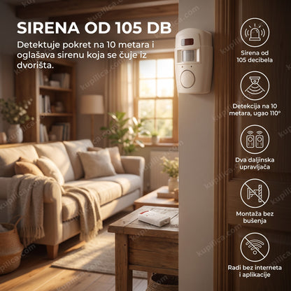 alarm sa senzorom pokreta montiran na zidu iznad vrata u dnevnoj sobi, benefiti proizvoda