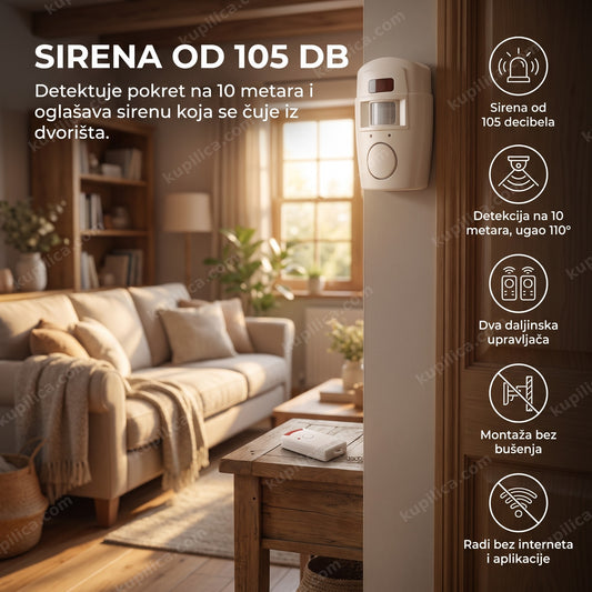 alarm sa senzorom pokreta montiran na zidu iznad vrata u dnevnoj sobi, benefiti proizvoda