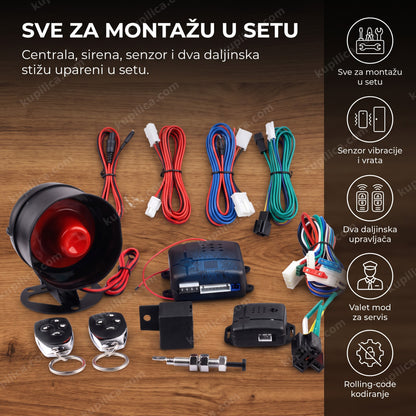 Komplet delova alarma za auto na radnom stolu, sirena i daljinski upravljači