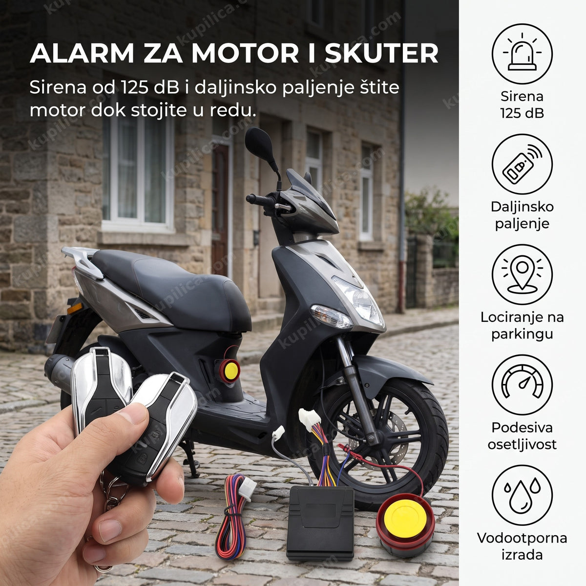 Alarm za motor i skuter sa sirenom, daljinskim upravljačem pored parkiranog vozila