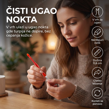 alat za ciscenje i negu zanoktica — žena radi manikir kod kuće, v vrh čisti ugao nokta bez cepanja kožice