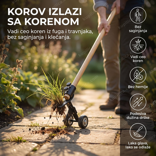 alat za čupanje korova sa podesivom drškom u upotrebi na baštenskoj stazi, benefiti proizvoda