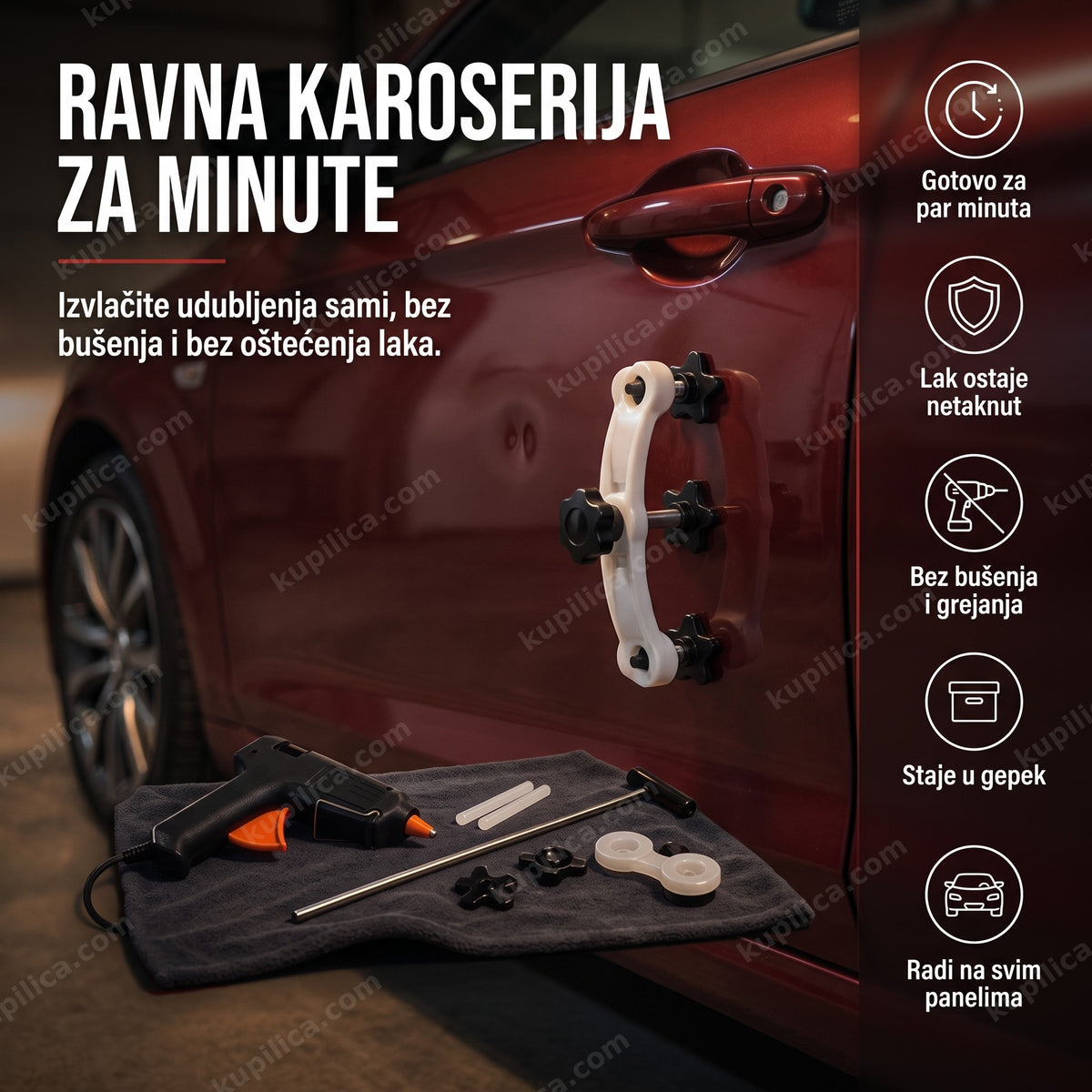 Alat za ispravljanje udubljenja na autu postavljen na vratima automobila