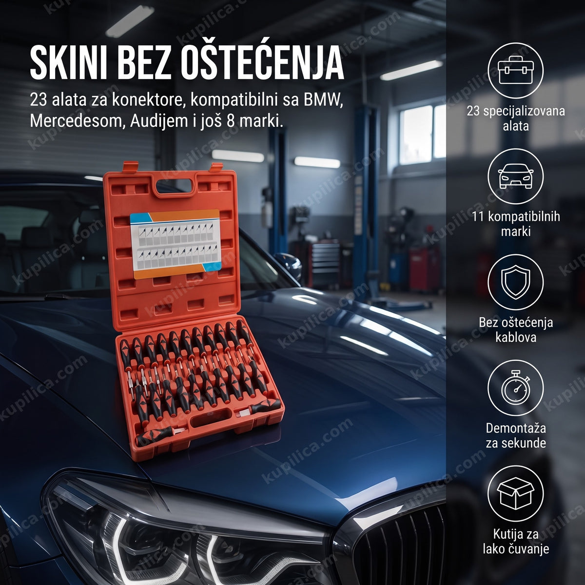 alat za konektore i pinove 23/1 — set u otvorenoj kutiji na haubi automobila