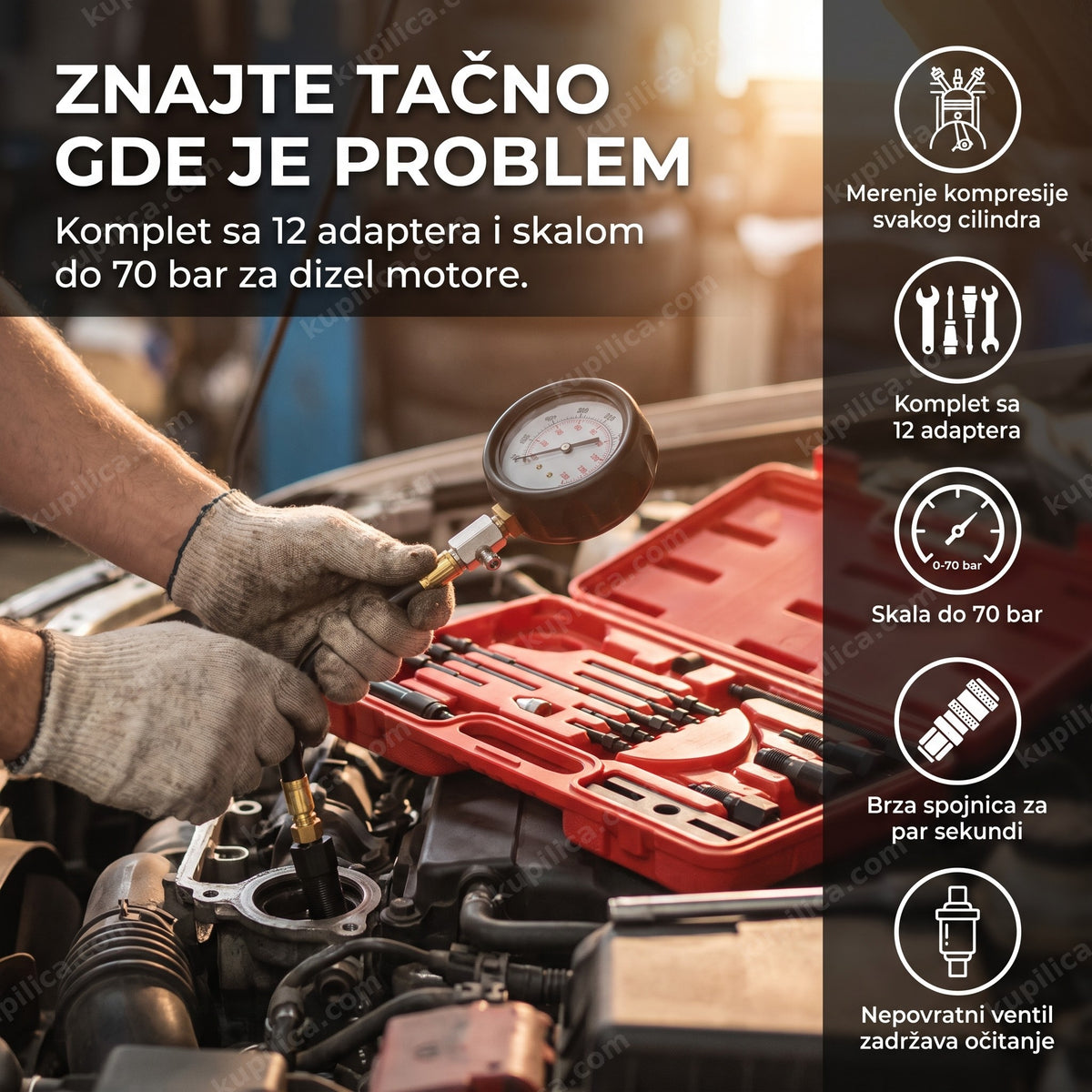 alat za merenje kompresije dizel motora priključen na motor u radionici, benefiti proizvoda
