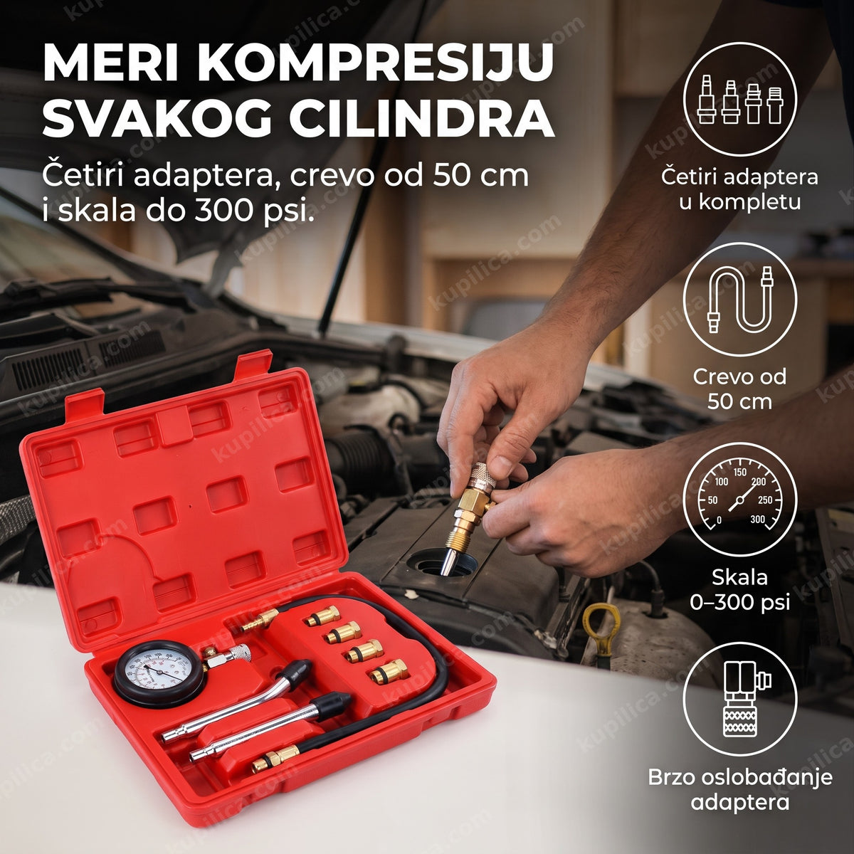 alat za merenje kompresije benzinskih motora na svećici automobila u garaži, benefiti proizvoda