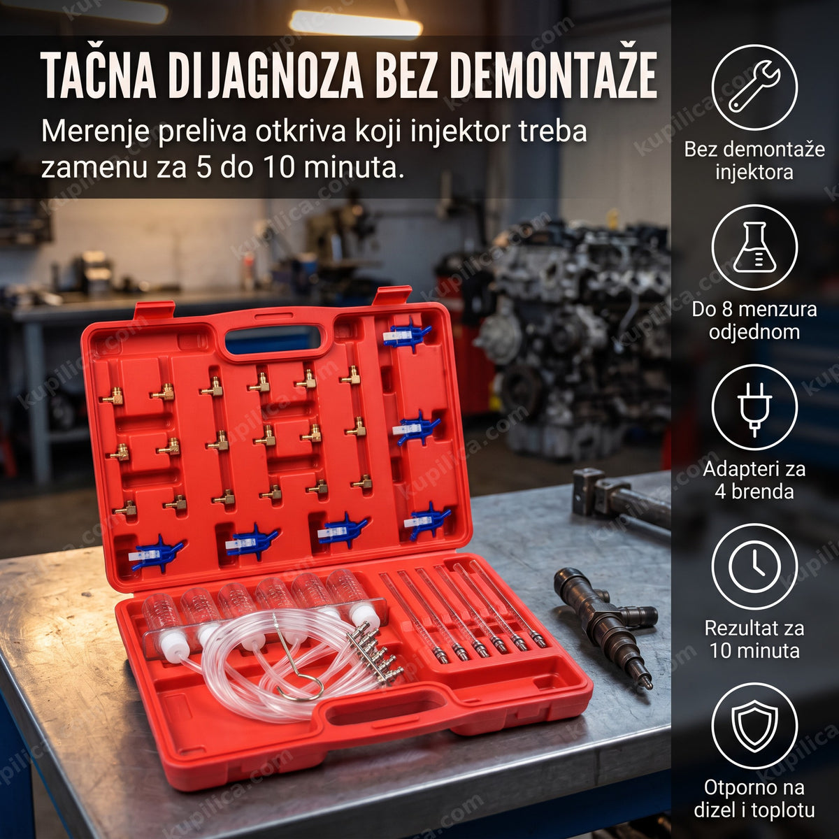 Alat za merenje preliva na Common Rail sistem u otvorenom koferu sa menzurama i adapterima