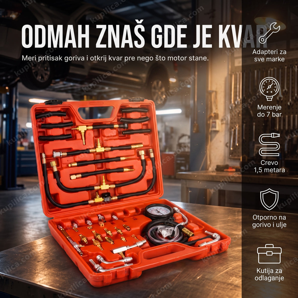 alat za merenje pritiska goriva veliki set — otvoren kofer sa manometrom i adapterima