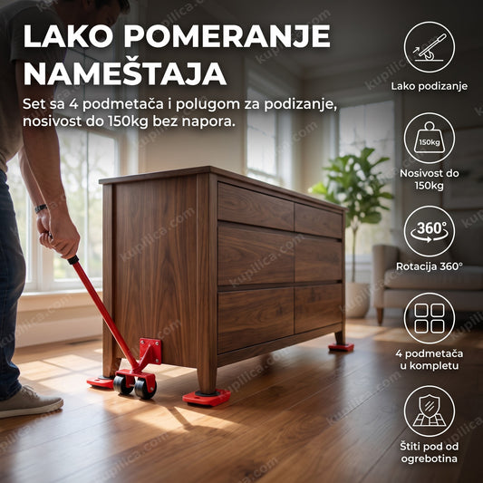 Alat za pomeranje nameštaja sa podmetačima ispod komode u dnevnoj sobi, prikazuje benefite proizvoda