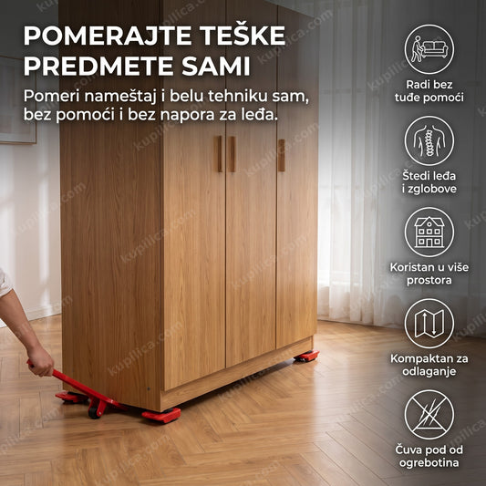 Podizač sa crvenim klizačima ispod ormara, alat za pomeranje teških predmeta, benefiti proizvoda