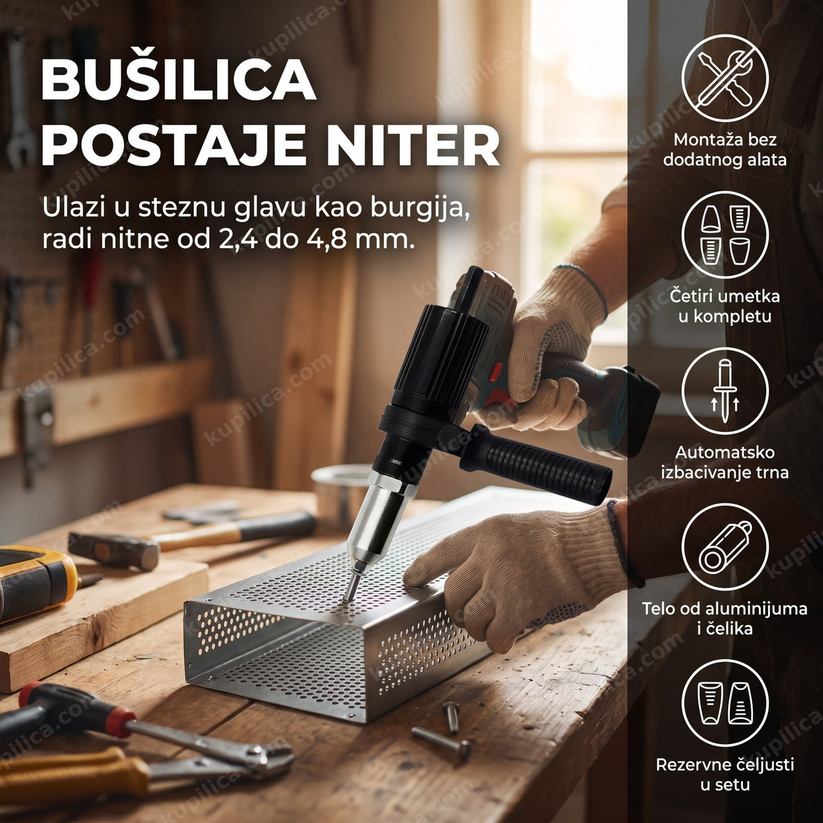 alat za pop nitne dodatak za bušilicu montiran na drilu u radionici, benefiti proizvoda