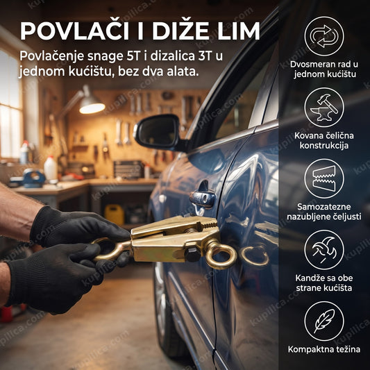 alat za popravku karoserije zakačen na udubljenju vrata automobila u garaži, benefiti proizvoda