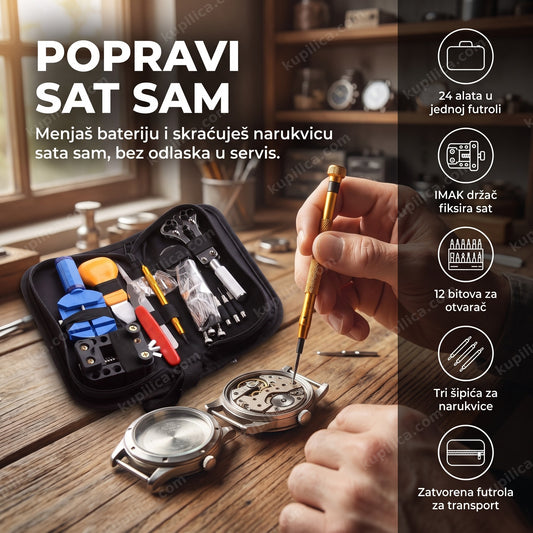 alat za popravku satova, otvoren set pored rasklopljenog sata na stolu, benefiti proizvoda