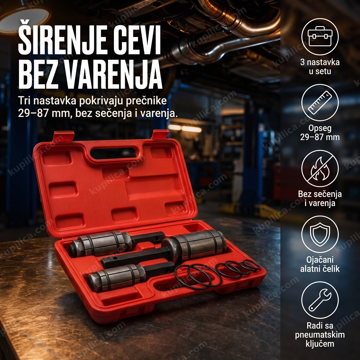 alat za proširenje cevi auspuha — set od tri nastavka u koferu