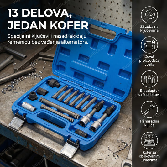 alat za remenice alternatora sa ključevima i nasadima u otvorenom koferu