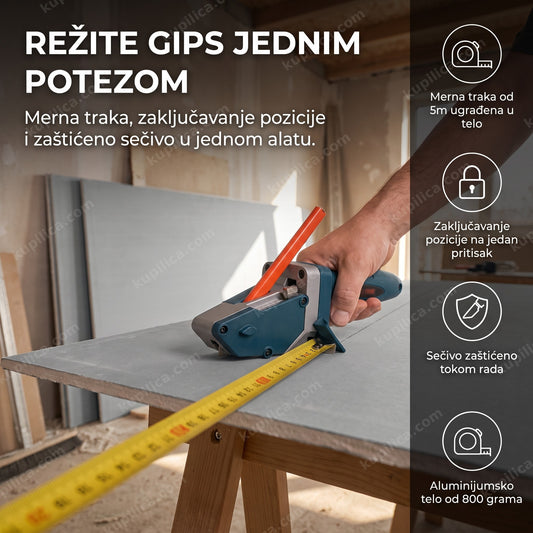 alat za rezanje gipsanih ploča sa mernom trakom u upotrebi na gips ploči, benefiti proizvoda