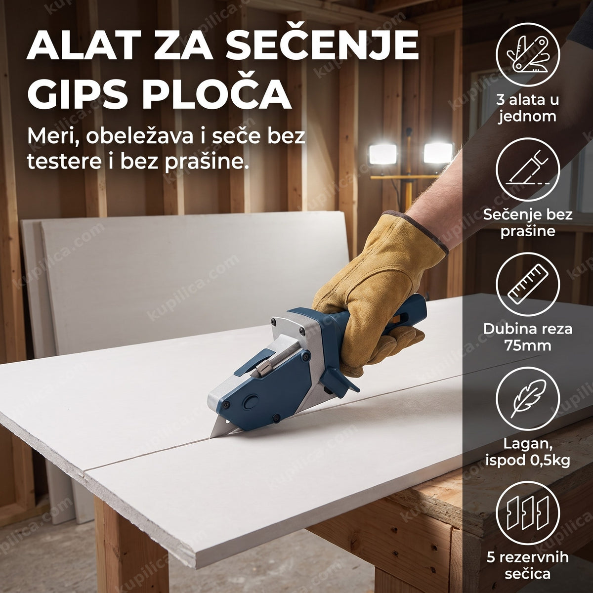 Alat za sečenje gips ploča na gradilištu uz radne rukavice
