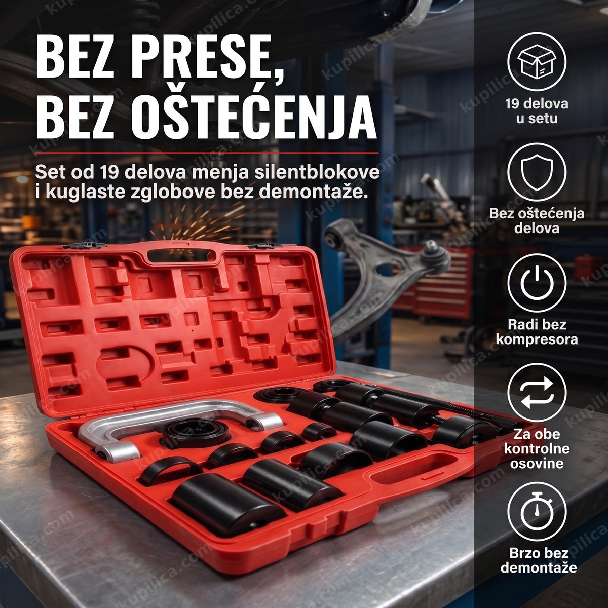 alat za silen blokove i kuglasti zglob u otvorenom koferu sa adapterima