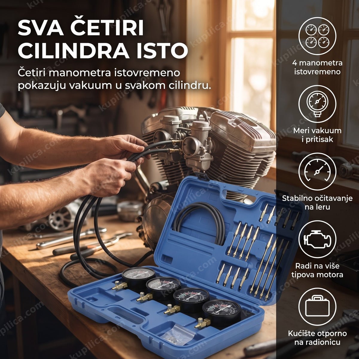 alat za sinhronizaciju karburatora u radionici na motociklu sa četiri manometra, benefiti proizvoda
