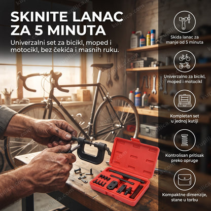 alat za skidanje i montažu lanca u upotrebi na biciklu u garaži, benefiti proizvoda