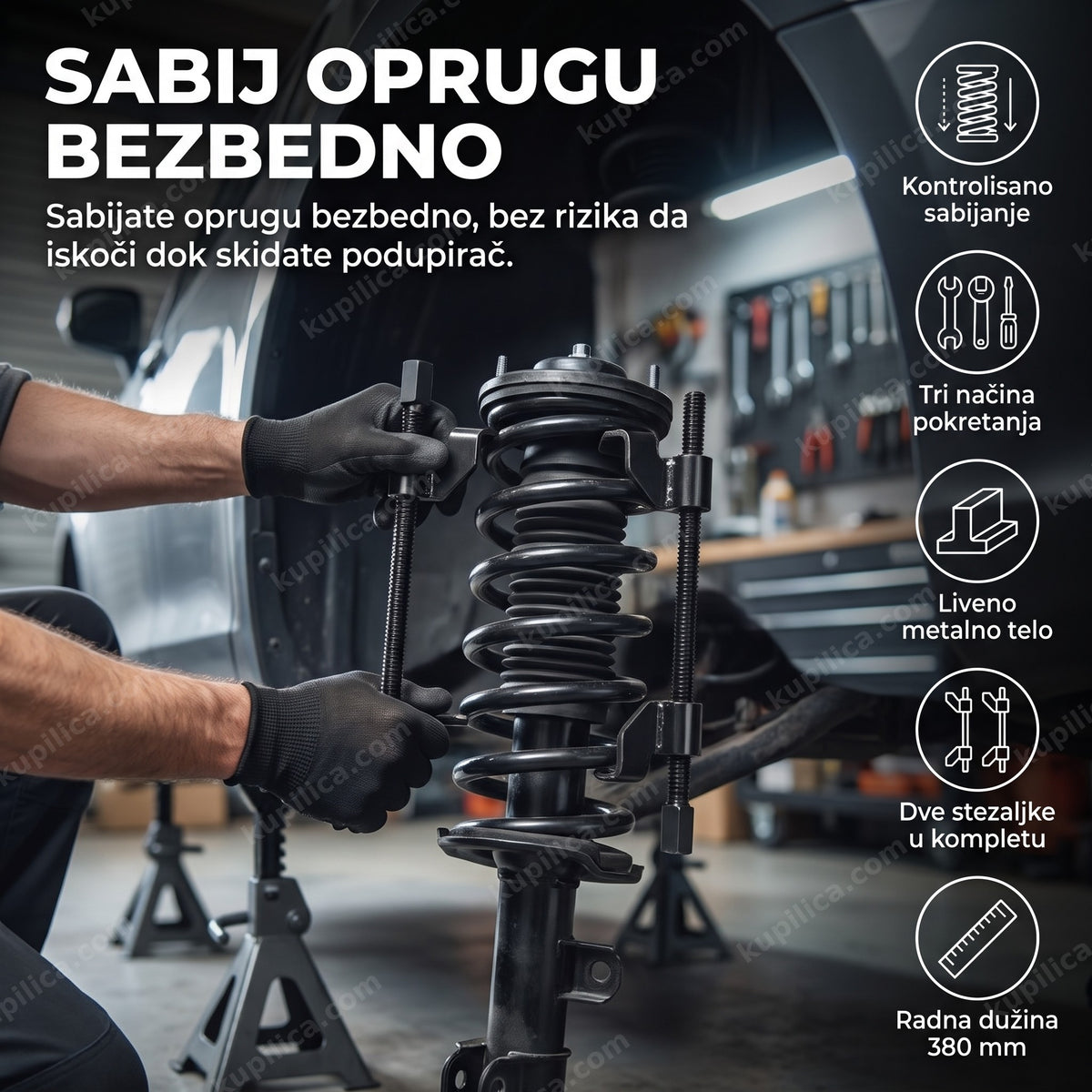 alat za skidanje opruga amortizera na podupiraču u garaži, benefiti proizvoda