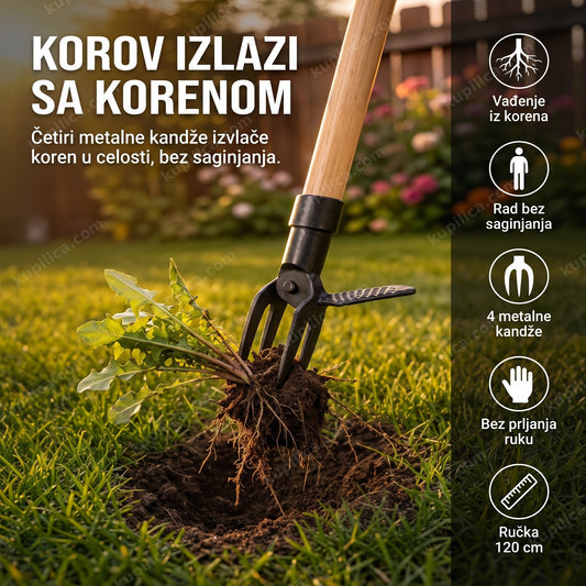 alat za vađenje korova — kandže zahvataju korov sa korenom u travnjaku