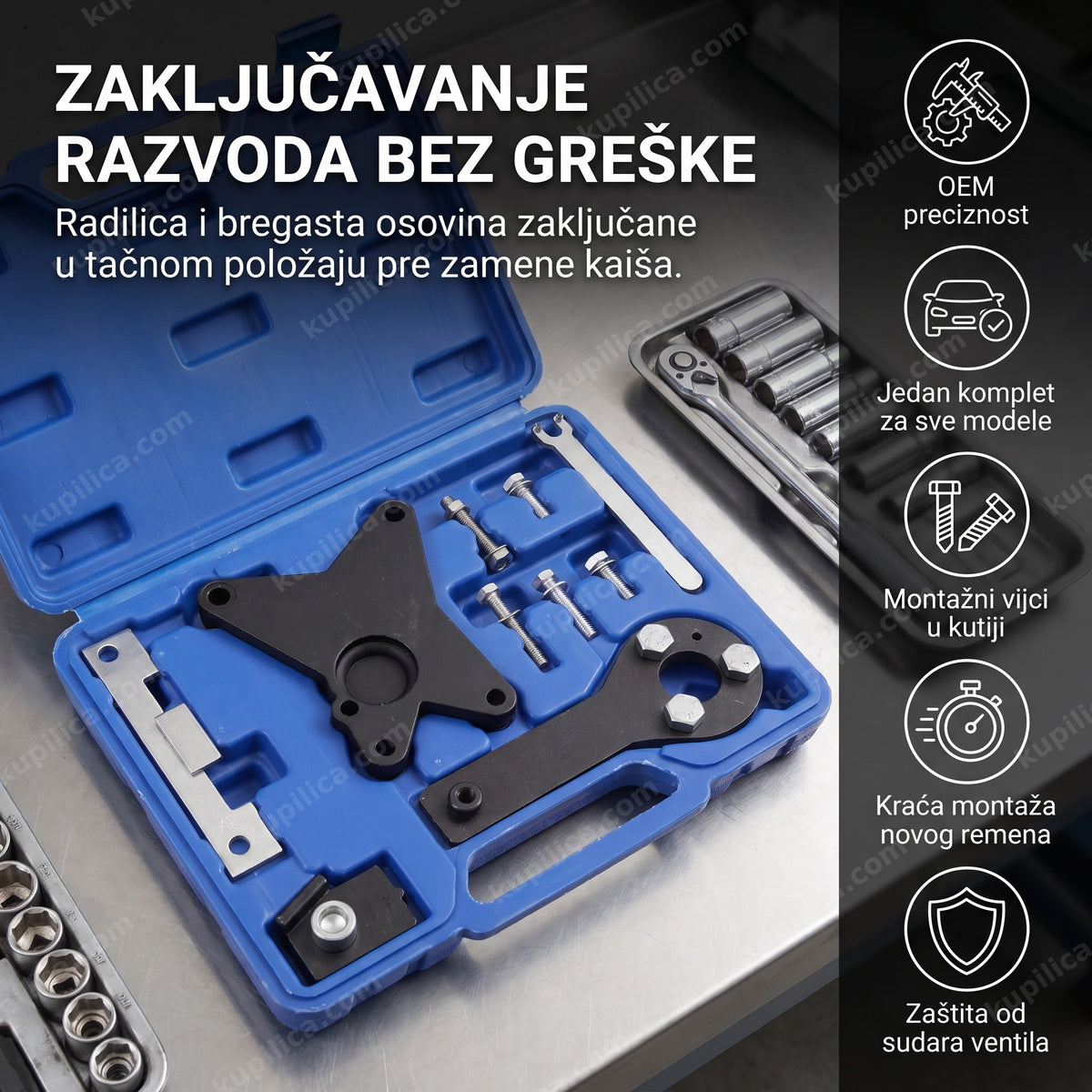 alat za zupčenje 8v motora u otvorenom plavom koferu na stolu