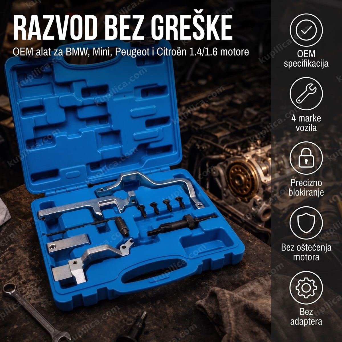 Alat za zupčenje BMW Mini Peugeot Citroën — otvoren kofer sa blokatorima razvoda na radnom stolu