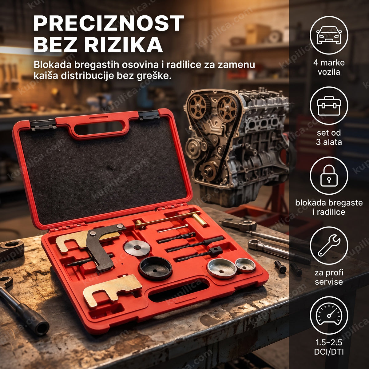 alat za zupčenje motora Renault Opel Nissan Dacia DCI/DTI — set od tri alata u koferu