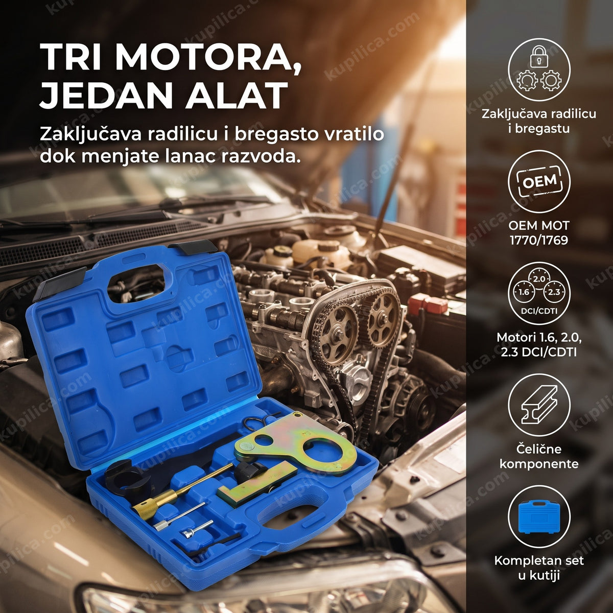 kofer sa alatom za zupčenje opel nissan renault naslonjen uz blok motora