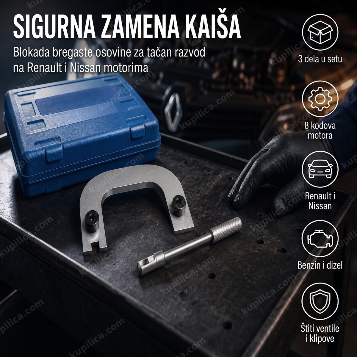 alat za zupčenje Renault 1.4 2.0 16V — set od tri dela na radnom stolu
