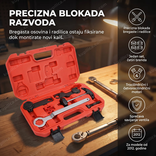 alat za zupčenje tsi motora u otvorenom crvenom koferu na stolu